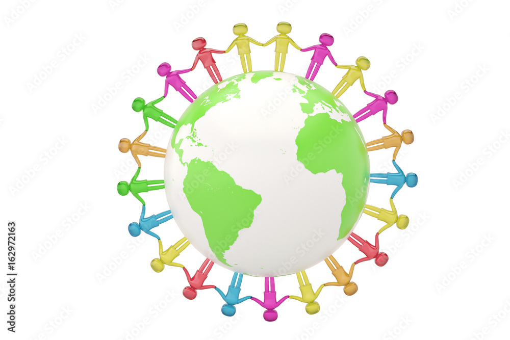 Human character holding hands around the globe world community concept high quality 3D illustration