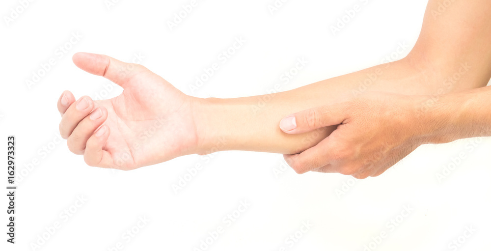 Man hand holding his arm with pain on white background, health care and medical