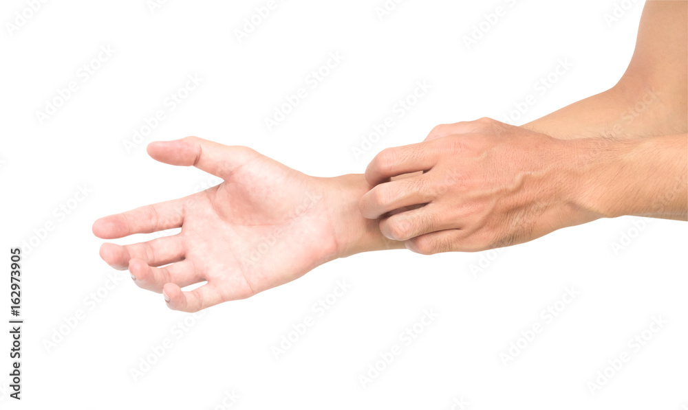 Man hand scratching hand on white background with clipping path for healthy concept