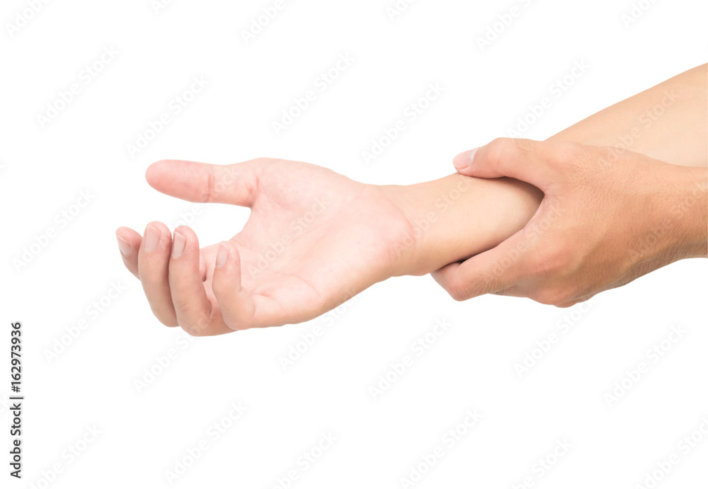 Man hand holding wrist isolated on white background with clipping path, health care and medical Man hand holding wrist isolated on white background with clipping path, health care and medical