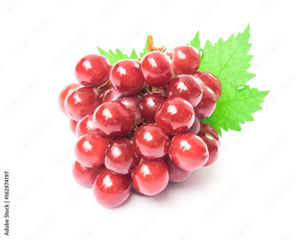 Ripe red grape with leaf on white background, fruit healthy concept Ripe red grape with leaf on white background, fruit healthy concept