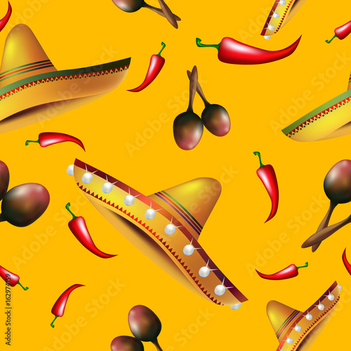 Cinyo de Mayo vector seamless pattern on yellow background. Drawing for fabric. Mexico.Vector