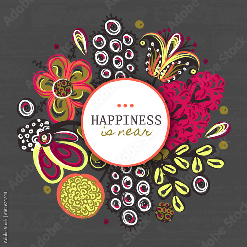 Floral round frame. Hand drawn flowers around circle. Colorful background with blossom. It can be used for design packaging, card, cover, postcard, invitation, label. Vector illustration, eps10