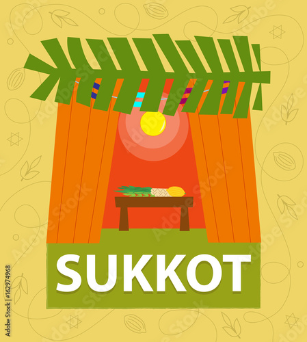 Sukkah - A hut with “sukkot” title at the bottom and decorative background. Eps10