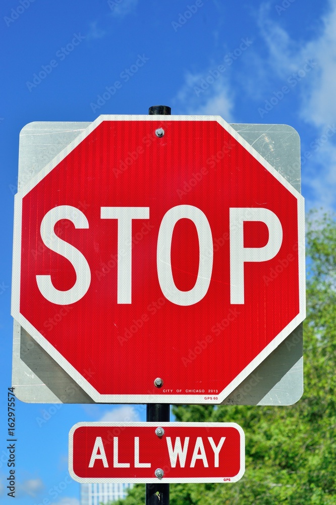 All way stop sign along Chicago's Museum Campus. The sign serves to control heavy traffic in the popular tourist area.