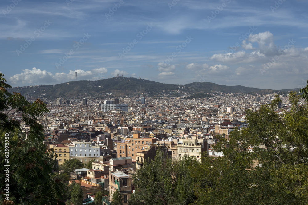 City of Barcelona with Tibidabo Mountain in far distance