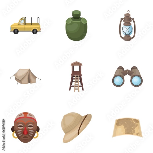 Rifle, mask, map of the territory, diamonds and other equipment. African safari set collection icons in cartoon style vector symbol stock illustration web.