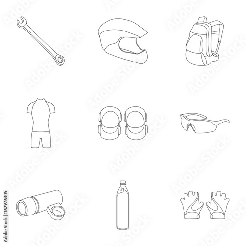 Icons of Cycling, bike. Set for bike, backpack protection, repair, form. Cyclist outfit icon in set collection on outline style vector symbol stock illustration.