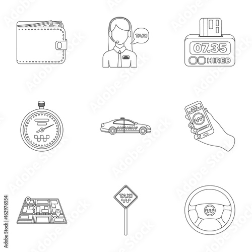 Set of icons about the taxi. A call taxi driver, Parking. Transportation around the city.Taxi icon in set collection on outline style vector symbol stock illustration.