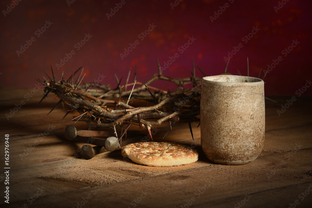 Fototapeta premium Crown of Thorns, Cup, Nails and Bread