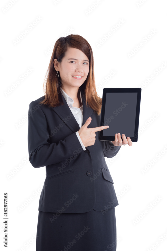 Beautiful asian businesswoman holding tablet computer over white Beautiful asian businesswoman holding tablet computer over white