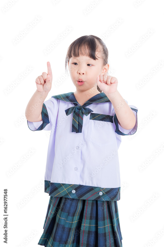 Little asian student counting her finger over white background Little asian student counting her finger over white background