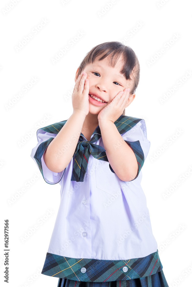Little asian student smiling over white background Little asian student smiling over white background