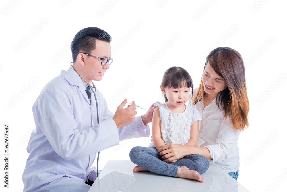 Doctor injecting vaccine for a girl over white background Doctor injecting vaccine for a girl over white background