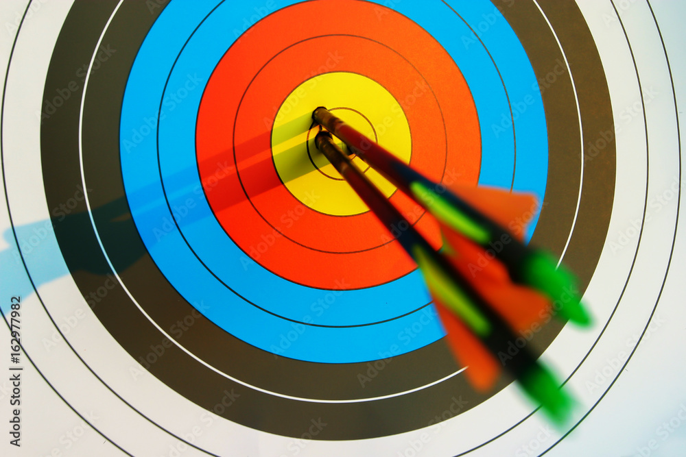 Close-up 3 Arrows ware shots in the center of crotch with copy space, Bow target in sunset light, Selective focus at center point, Background for Business concept or Inspiration