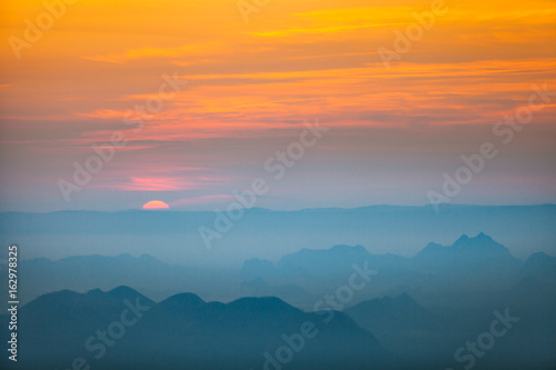 Morning light with mountain and mist view from Phu Kradueng  Thailand.