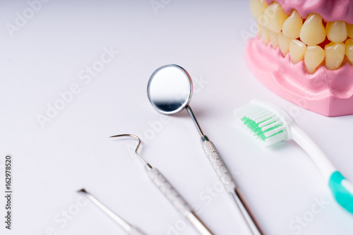 Set of metal Dentist s medical equipment tools  top view