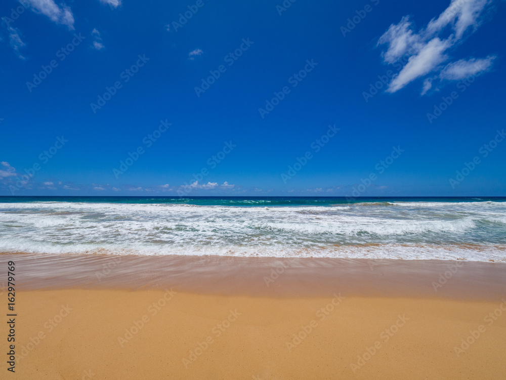 Blue Sky, Golden Sand and Waves, Kealia Beach, Kapaa, Kauai, Hawaii, USA