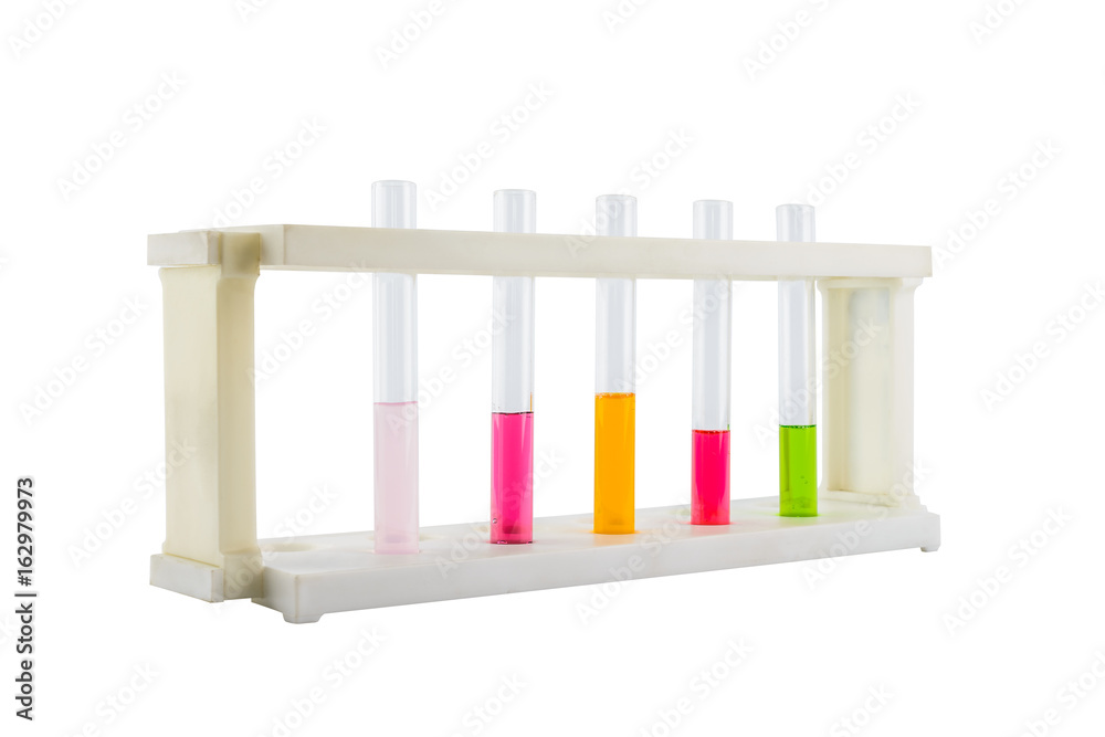 Multicoloured test tubes in the stand isolated on white Multicoloured test tubes in the stand isolated on white
