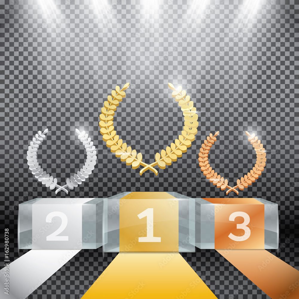 Glass Winner Podium with Spotlights and Laurel Wreath on Transparent ...