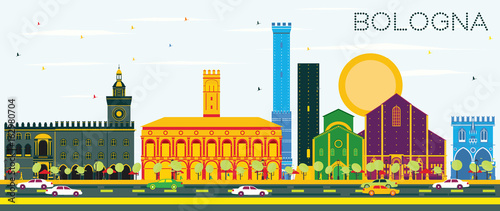 Bologna Skyline with Color Landmarks and Blue Sky.