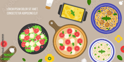 italian cuisine, caesar salad, margarita pizza, risotto rice, lasagna, bologna pasta, flat design vector in aerial view