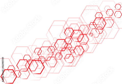 Vector technology red hexagonal in shape that overlap on white background.