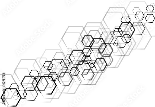 Vector technology black hexagonal in shape that overlap on white background.