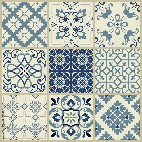 Seamless patchwork pattern from blue ornaments. Ceramic tiles. Set of mandalas. 