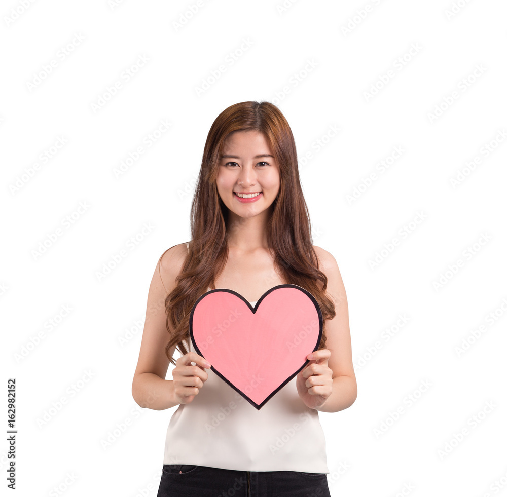 Charming asian woman with heart icon on white background Charming asian woman with heart icon on white background