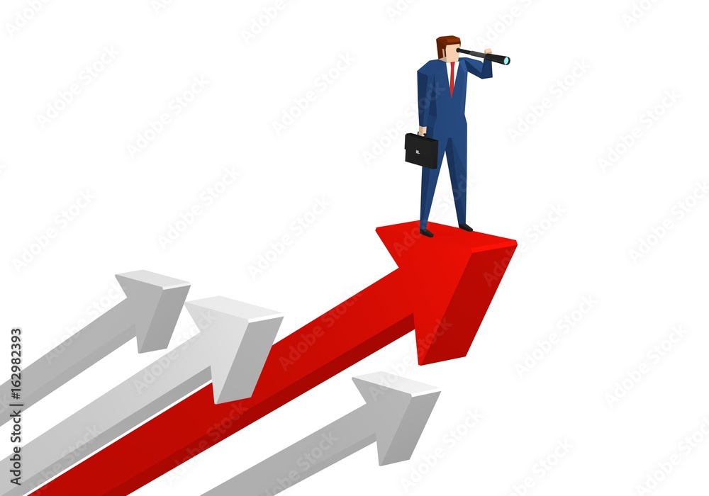 Businessman standing on graph arrow and looking through telescope Businessman standing on graph arrow and looking through telescope