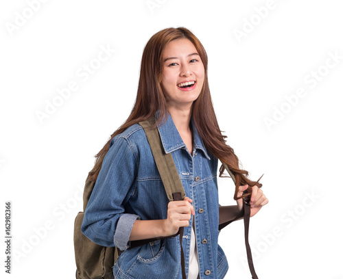 Lovely chinese lady with jean jacket and luggage on whir background