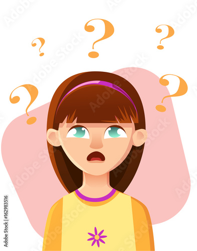 Inquiring girl. Child issues, stress and social adaptation. Flat vector illustration