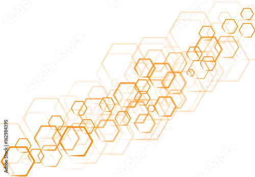 Vector technology orange hexagonal in shape that overlap on white background.
