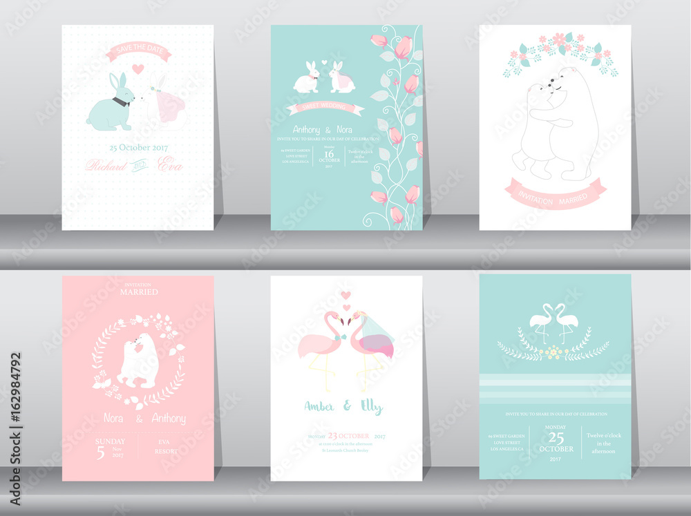 Set of wedding invitation cards,poster,template,greeting cards,animals,rabbits,bears,flamingo,Vector illustrations