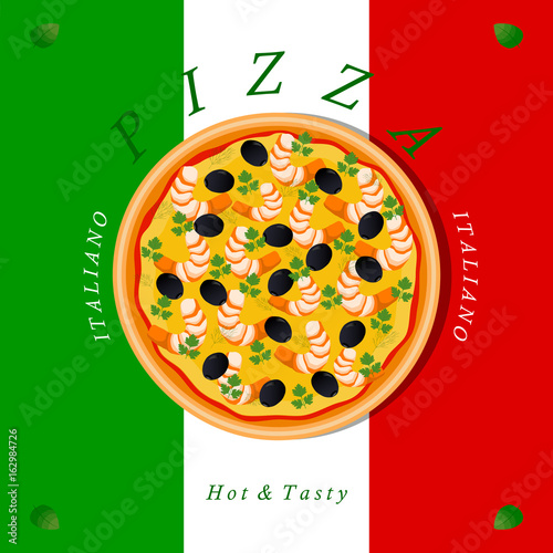 Vector logo illustration for pizzeria menu, sliced triangle, whole hot pizza.