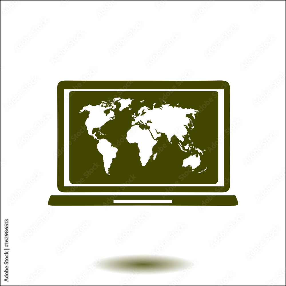 Laptop and world map illustration. World map geography symbol. Flat design style. Laptop and world map illustration. World map geography symbol. Flat design style.