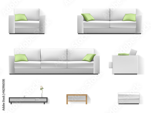 Set of living room furniture. White sofa with green pillow. Elements for decorated modern interior.