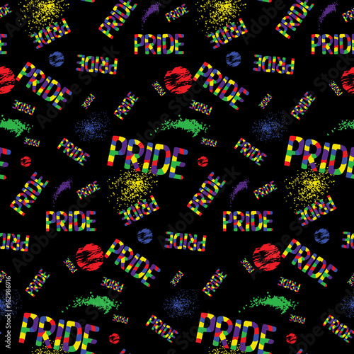 Colored rainbow letters of the handwritten text Pride. Seamless pattern on the theme of gay parade, vector design