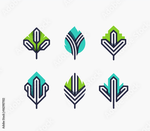 Graphical leaf symbols' set, color and line geometrical design elements, ecological icons, logo.