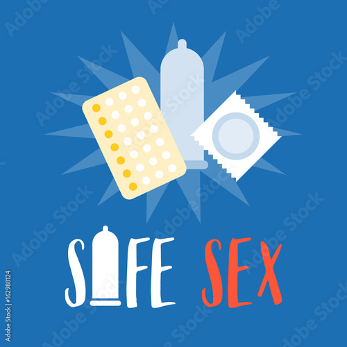 safe sex typographic poster with condom, birth control pills, flat design vector