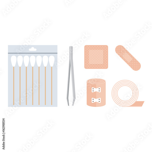 first aid kit, cotton swabs, tweezer, bandage, plaster adhesive tape in flat design vector