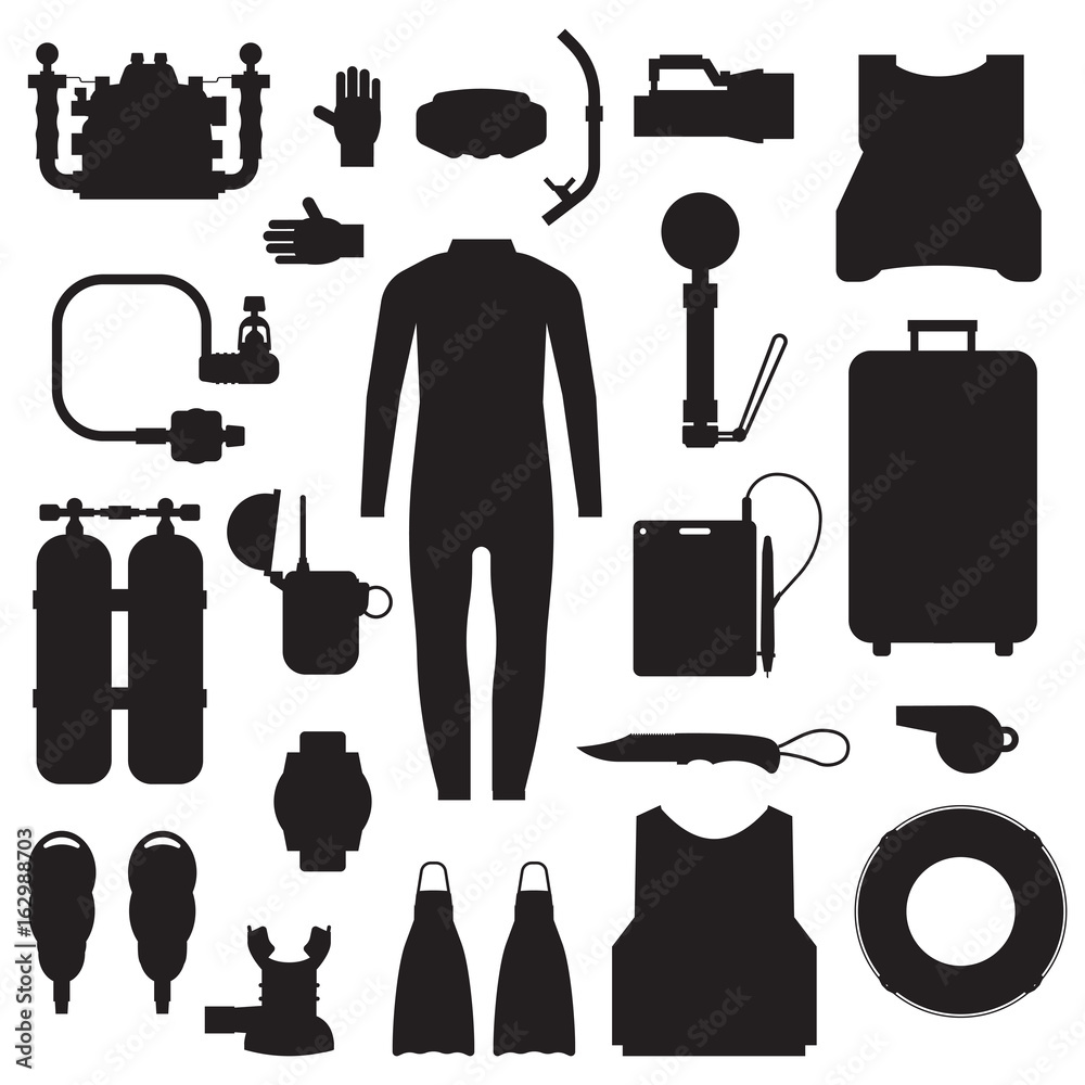 Scuba elements and snorkeling gear silhouette set. Diving kit. Scuba