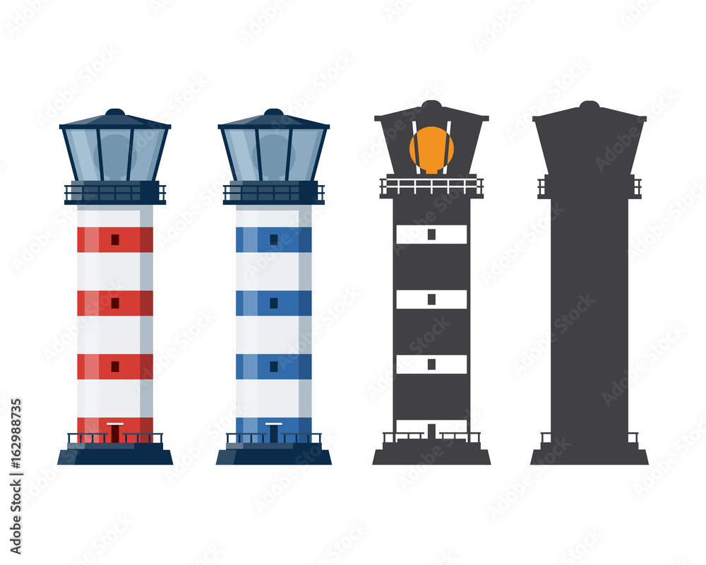 Blue and red striped lighthouse icon in different styles. Sea guiding light houses in flat and outline design. Searchlight or beacon cartoon illustration and silhouette. Blue and red striped lighthouse icon in different styles. Sea guiding light houses in flat and outline design. Searchlight or beacon cartoon illustration and silhouette.