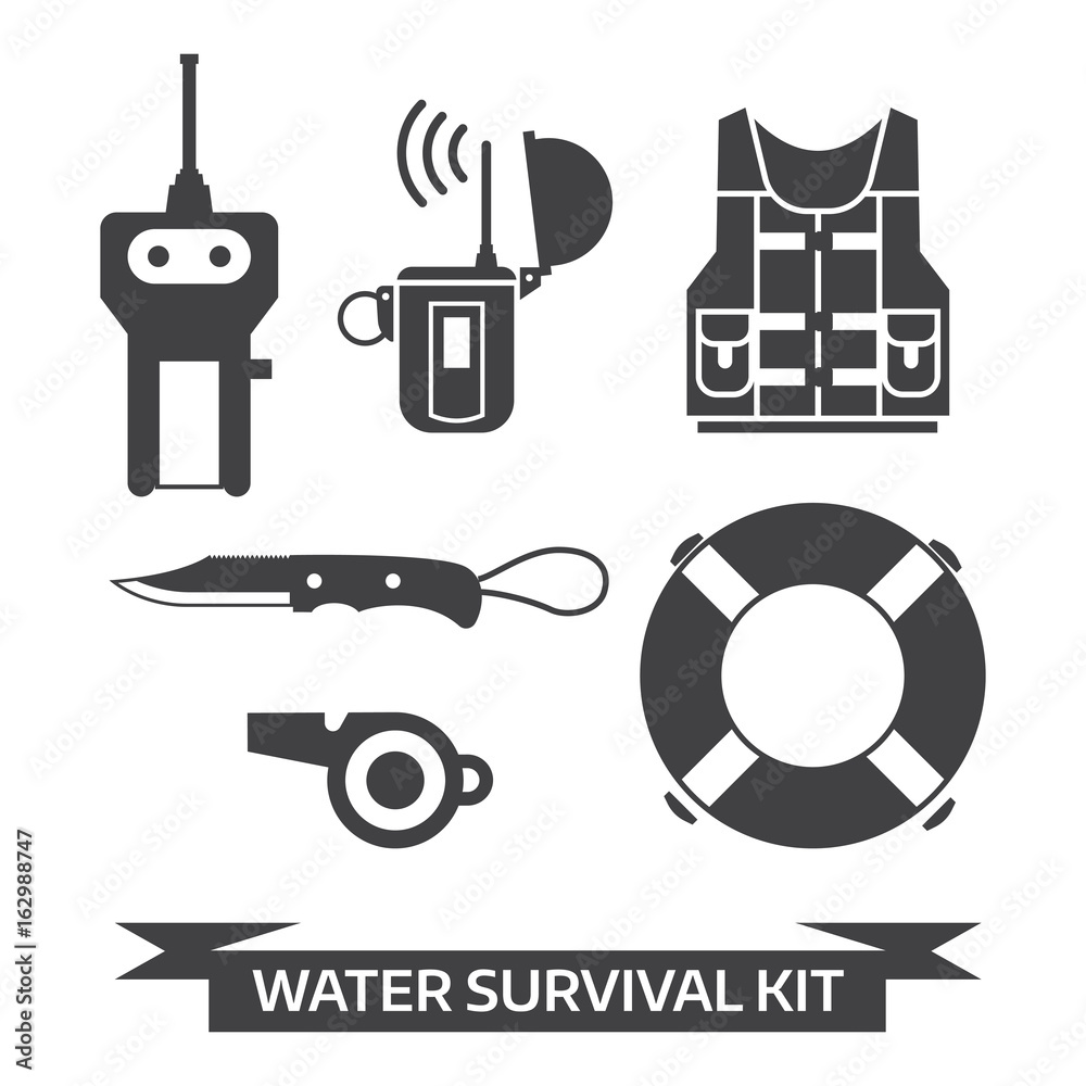 Water survival kit. Safety gear essentials in outline design. Life vest