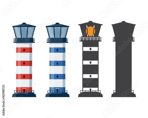 Blue and red striped lighthouse icon in different styles. Sea guiding light houses in flat and outline design. Searchlight or beacon cartoon illustration and silhouette.