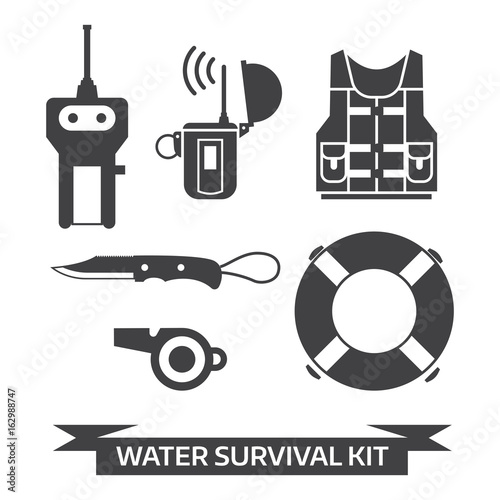 Water survival kit. Safety gear essentials in outline design. Life vest, EPIRB, portable finder, lifebuoy, whistle and knife isolated on white background. Emergency protection staff vector icons. photo