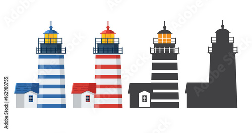 Blue and red striped lighthouse icon in different styles. Sea guiding light houses in flat and outline design. Searchlight or beacon cartoon illustration and silhouette.
