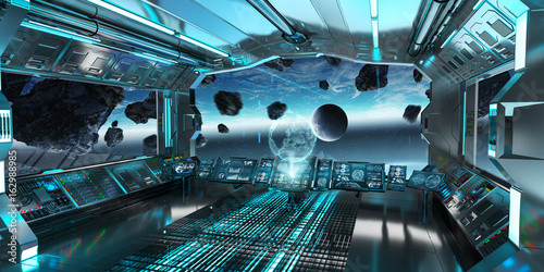 Fototapeta Naklejka Na Ścianę i Meble -  Spaceship interior with view on the planet Earth 3D rendering elements of this image furnished by NASA