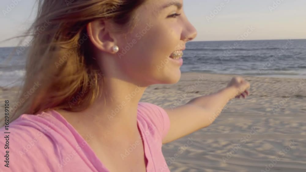 Girl Sings Along, Dances, To Radio In Moving Car, On Beach Girl Sings Along, Dances, To Radio In Moving Car, On Beach
